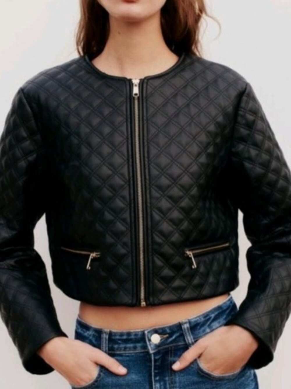 Zara Black Faux Leather crop Quilted Jacket Size Large - Picture 2 of 9